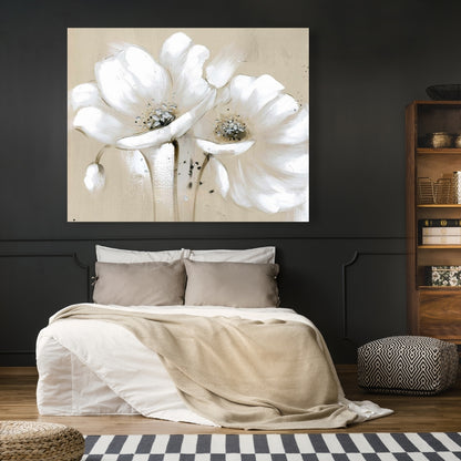 White Abstract Wild Flowers Canvas | Botanical Bedroom Art