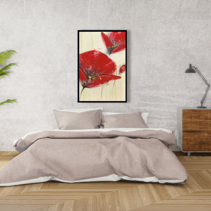 Toile texturée à trois fleurs rouges | Décoration florale et botanique pour la maison