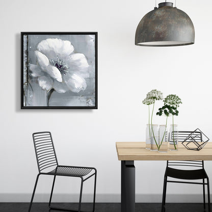 Toile botanique à fleurs grises et blanches | Cadre blanc pour décoration d'intérieur