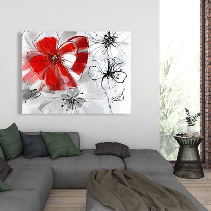 Botanical Bedroom Gray Canvas | Red & Gray Flowers Decor