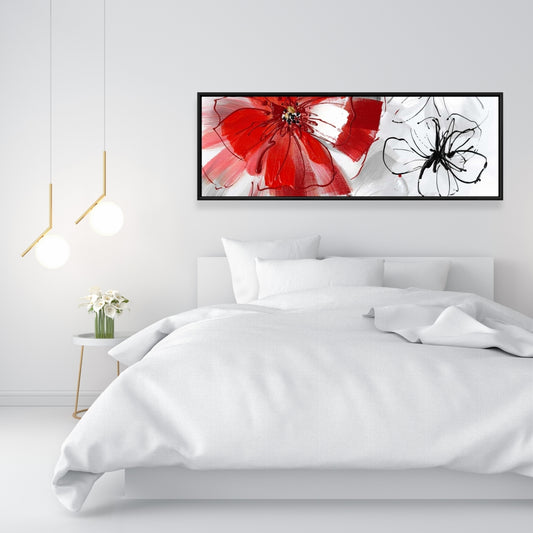 Toile encadrée florale et botanique grise - Décor de fleurs rouges et grises
