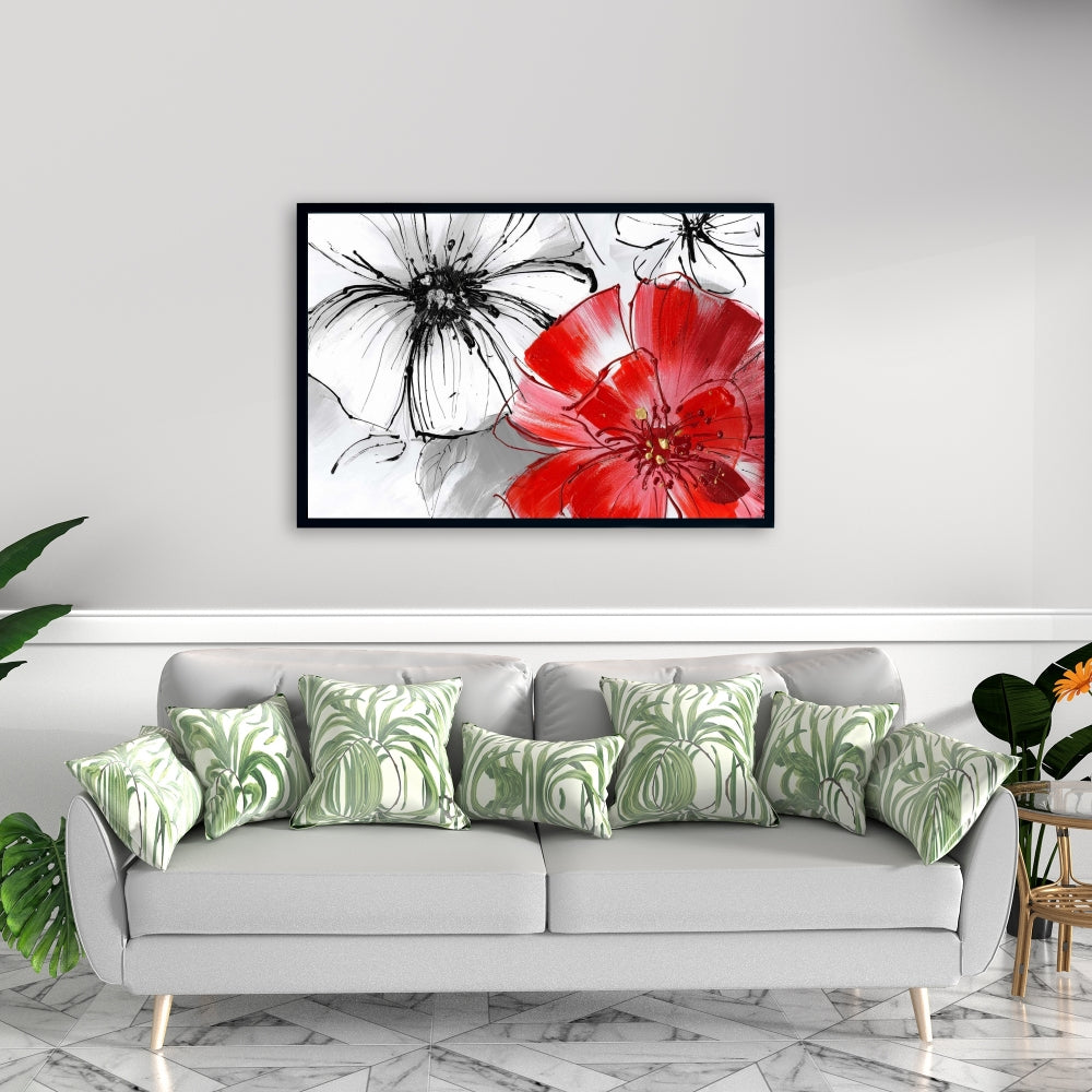 Botanical White Bedroom Canvas | Red & White Flowers Sketch Decor