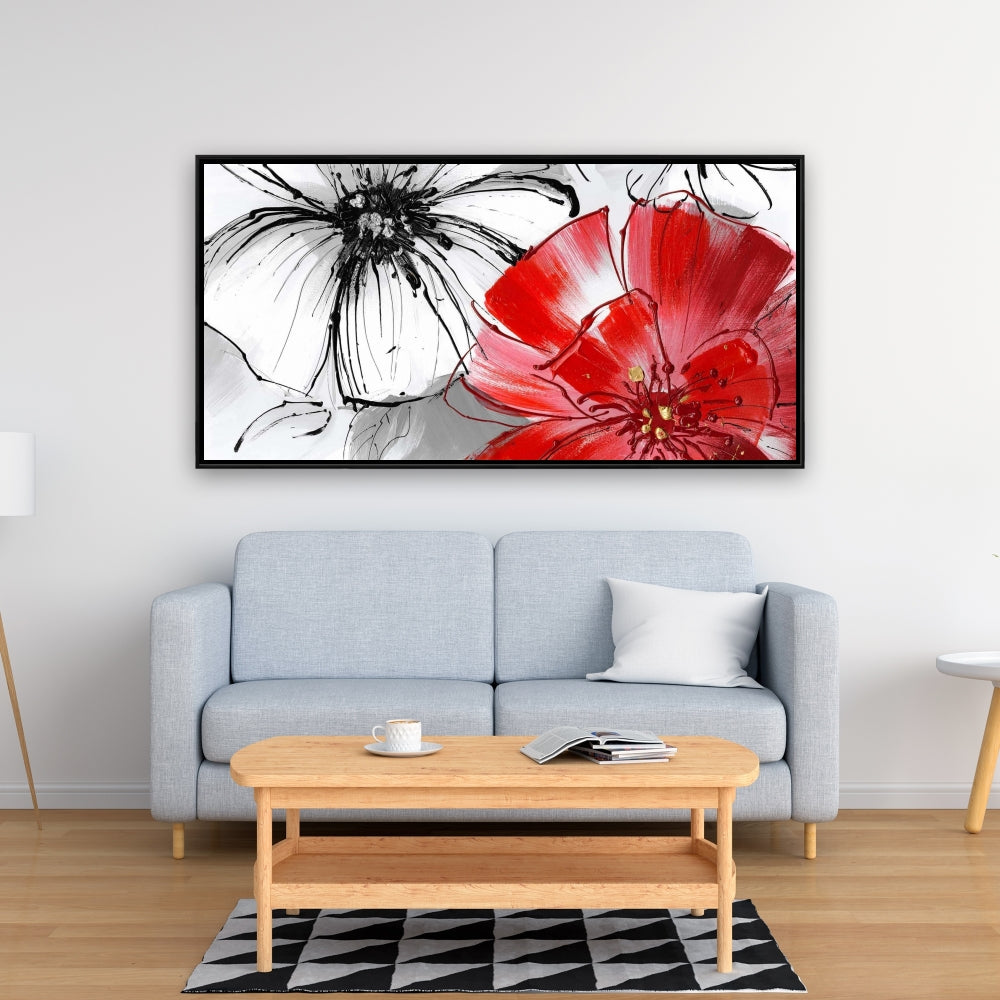 Botanical White Bedroom Canvas | Red & White Flowers Sketch Decor