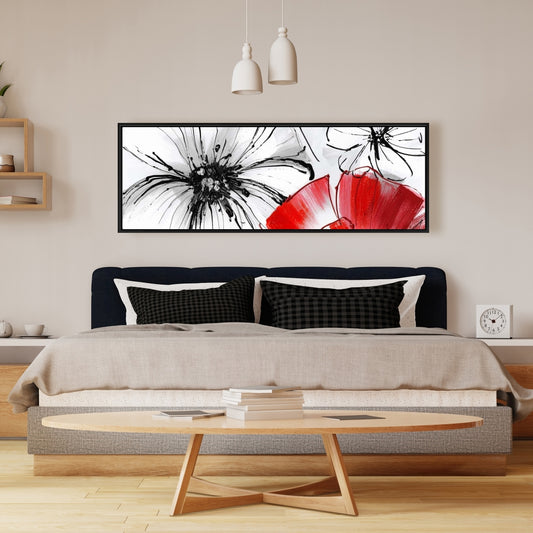 Botanical White Bedroom Canvas | Red & White Flowers Sketch Decor