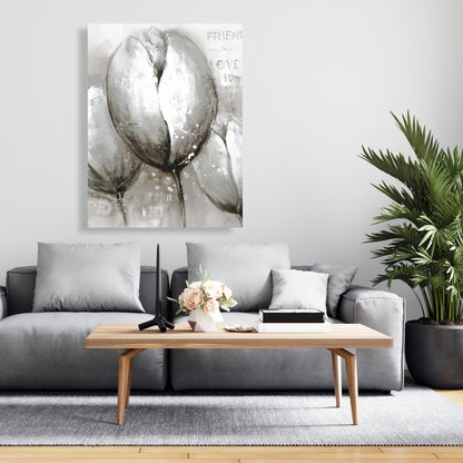 Gray Botanical Canvas - Three White Tulips Living Room Decor