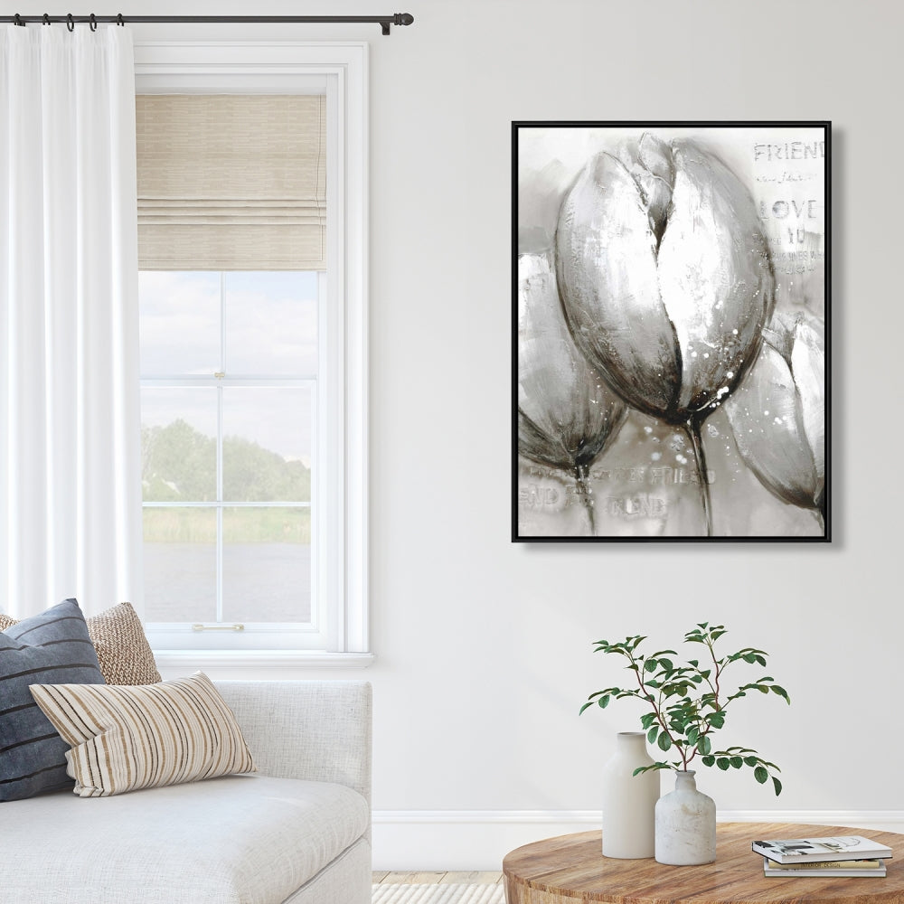 Trois tulipes blanches – Toile encadrée décorative florale botanique grise