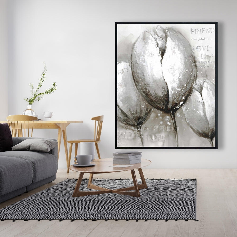Trois tulipes blanches – Toile encadrée décorative florale botanique grise