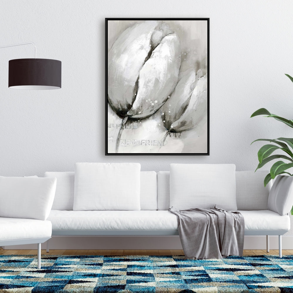 Botanical Gray Framed Canvas | Contemporary Tulips Decor