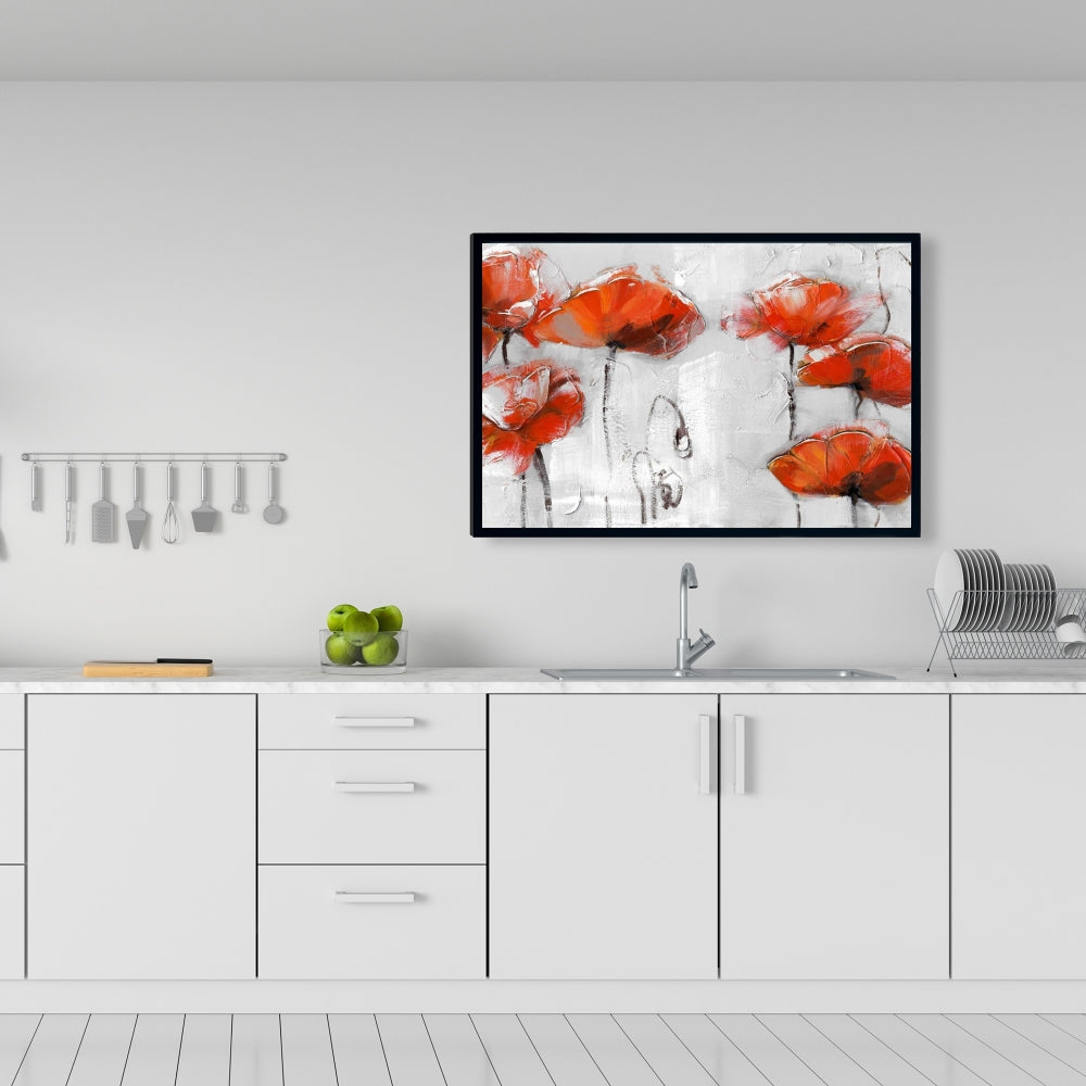 Gray Bedroom Framed Canvas | Red Flowers Floral Decor