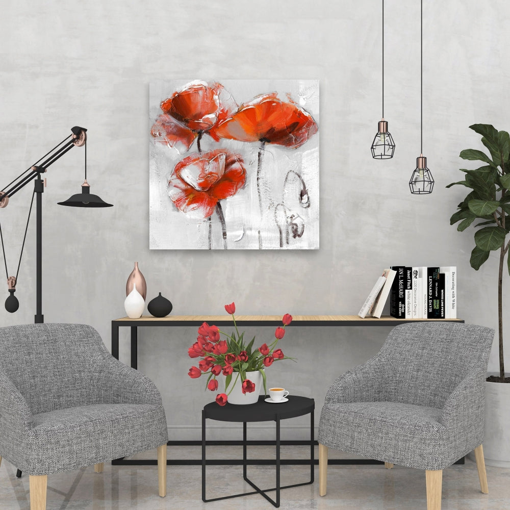 Gray Floral Bedroom Canvas | Red Flowers | Home Decor Art