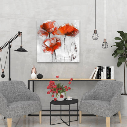 Gray Floral Bedroom Canvas | Red Flowers | Home Decor Art