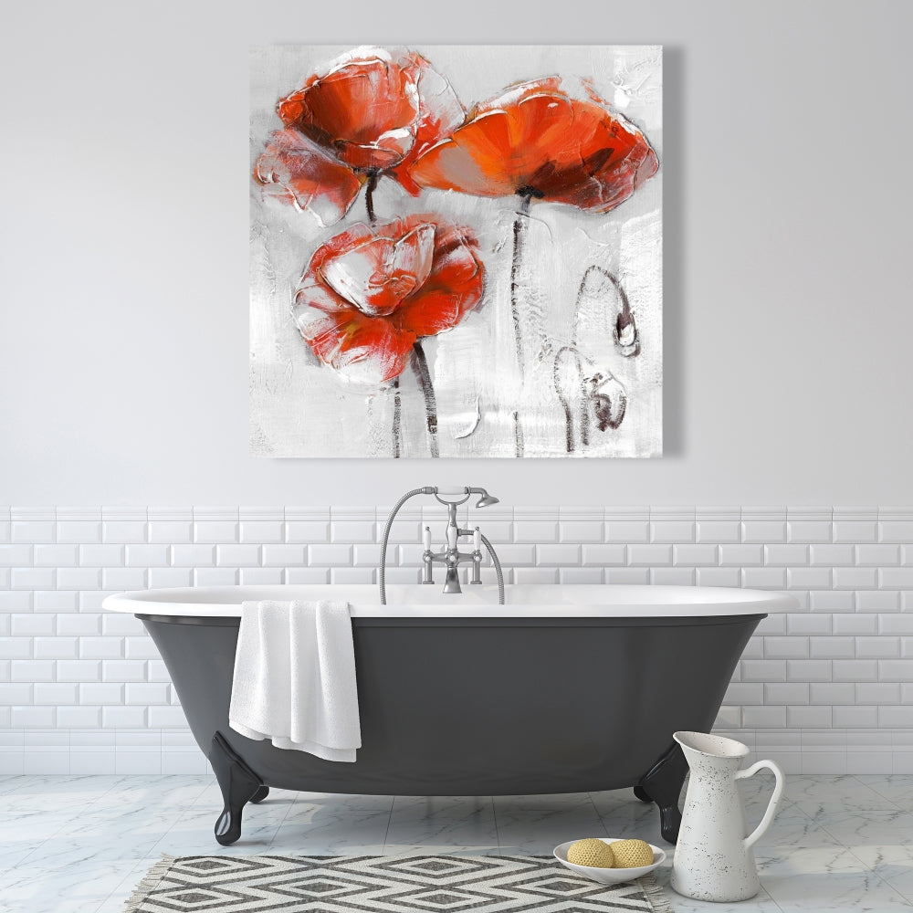 Gray Floral Bedroom Canvas | Red Flowers | Home Decor Art