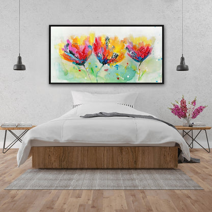 Four Colorful Flowers Canvas - Yellow Frame | Home Decor Art