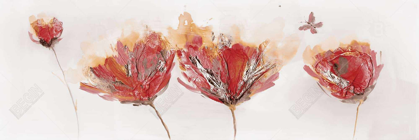 Crimson Flowers & Butterfly Canvas | Orange Botanical Decor