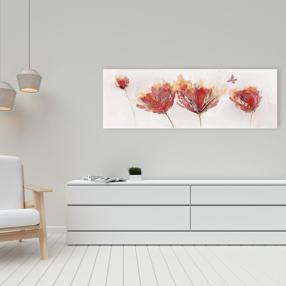 Crimson Flowers & Butterfly Canvas | Orange Botanical Decor