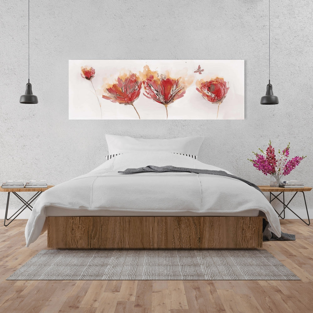 Crimson Flowers & Butterfly Canvas | Orange Botanical Decor