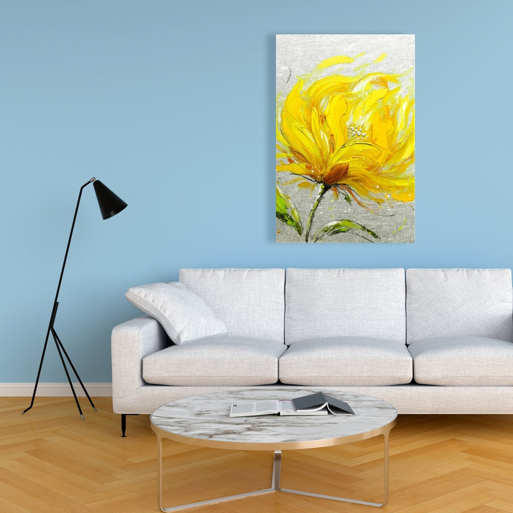 Yellow Fluffy Flower Botanical Gray Canvas | Contemporary Decor