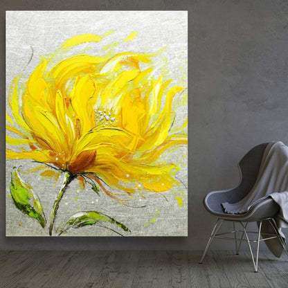 Yellow Fluffy Flower Botanical Gray Canvas | Contemporary Decor