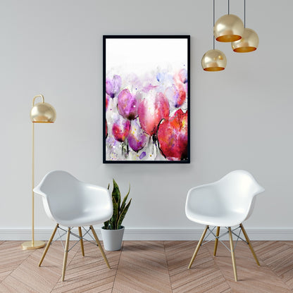 Pink Tulips Field Botanical Framed Canvas | Home Decor Art