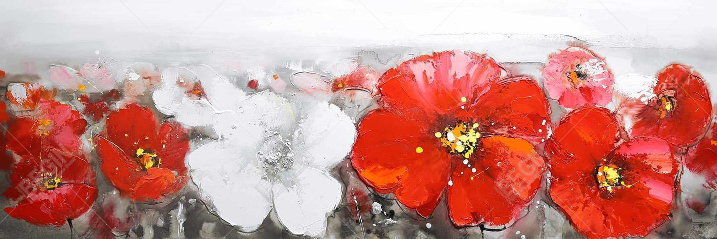 Gray Field with Red Flowers Canvas | Modern Bedroom Decor