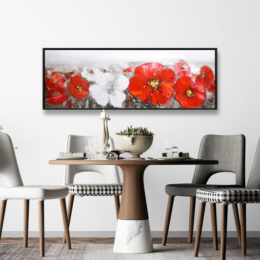Gray Field with Red Flowers | Red Floral Framed Canvas Decor