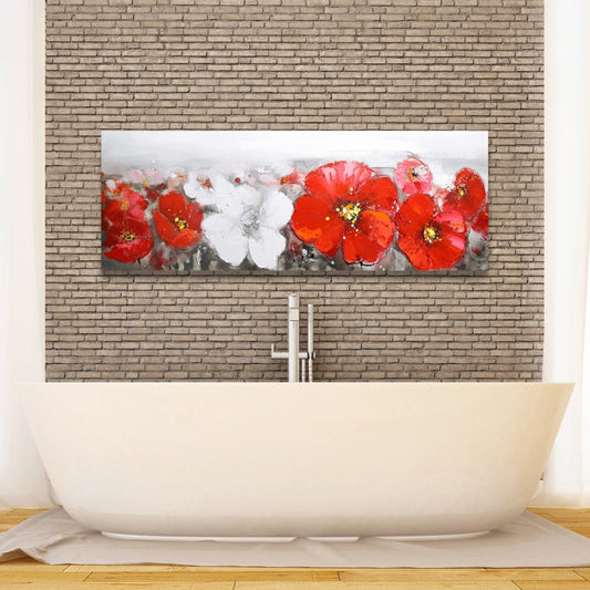 Gray Field with Red Flowers Canvas | Modern Bedroom Decor