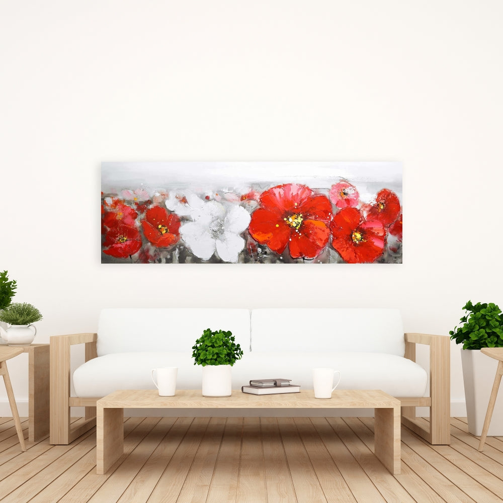 Gray Field with Red Flowers Canvas | Modern Bedroom Decor