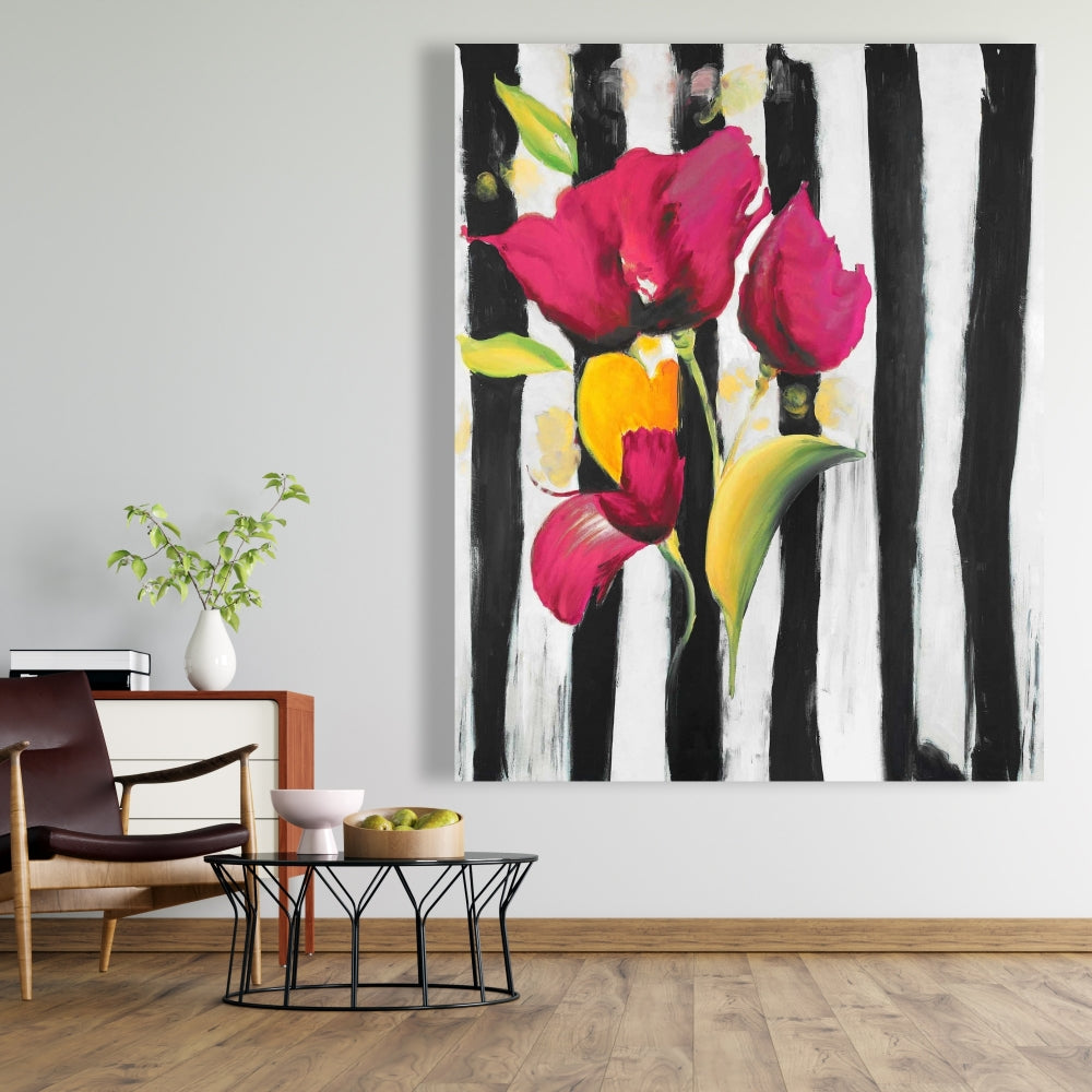Toile à fleurs roses sur rayures noires | Décoration de chambre botanique