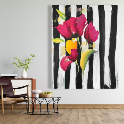 Toile à fleurs roses sur rayures noires | Décoration de chambre botanique