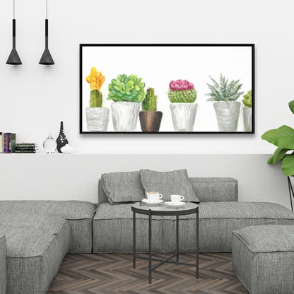 Toile botanique florale blanche exotique - Mini cactus et plantes succulentes