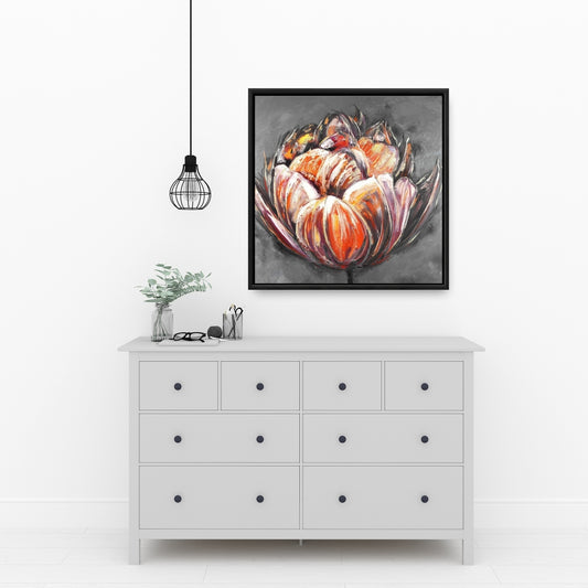 Double Orange Tulip | Red Framed Canvas | Home Decor Art