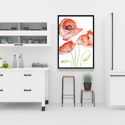 Watercolor Poppies Framed Canvas - Botanical Red Home Decor