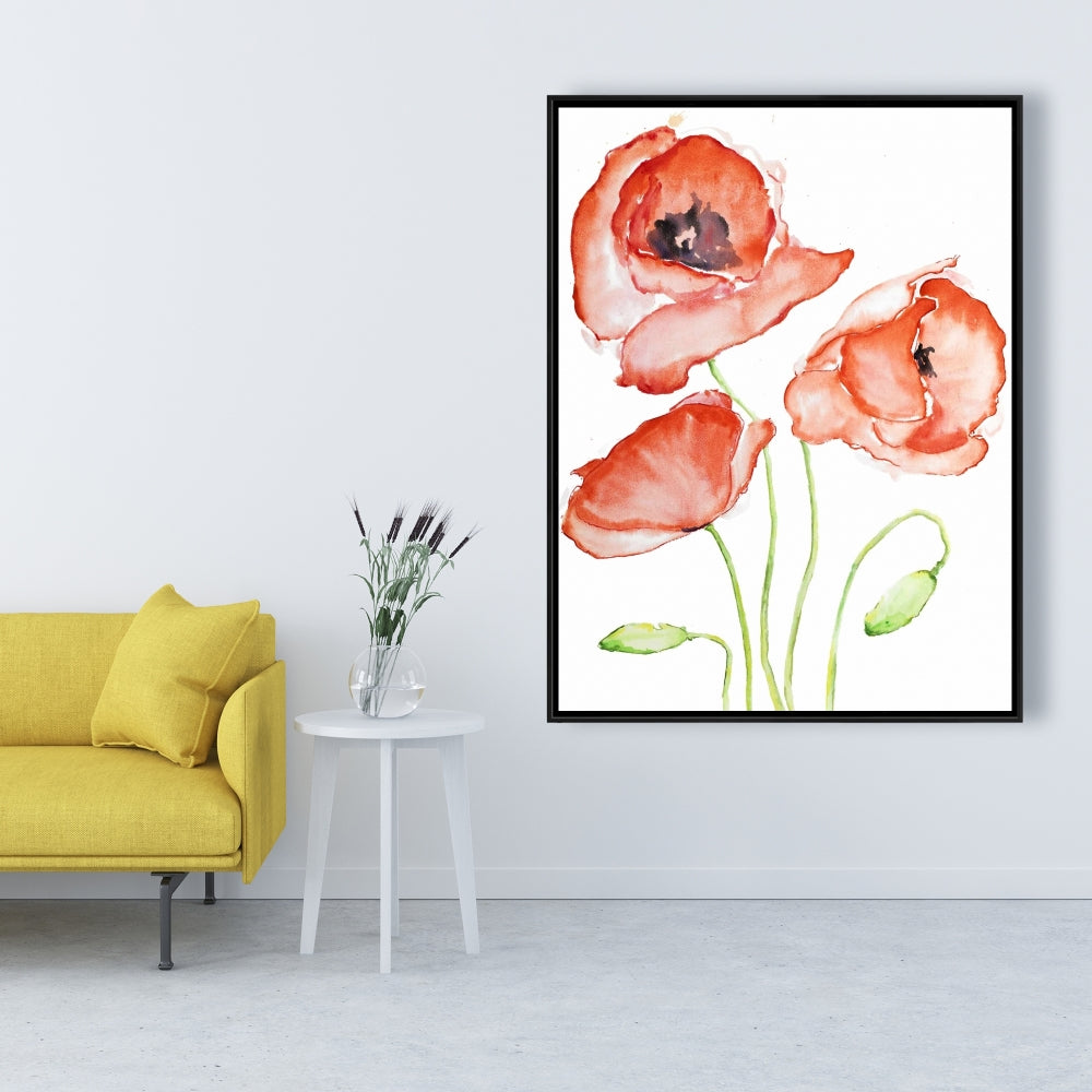 Watercolor Poppies Framed Canvas - Botanical Red Home Decor