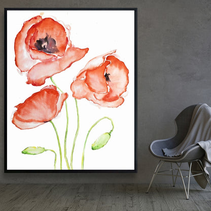 Watercolor Poppies Framed Canvas - Botanical Red Home Decor