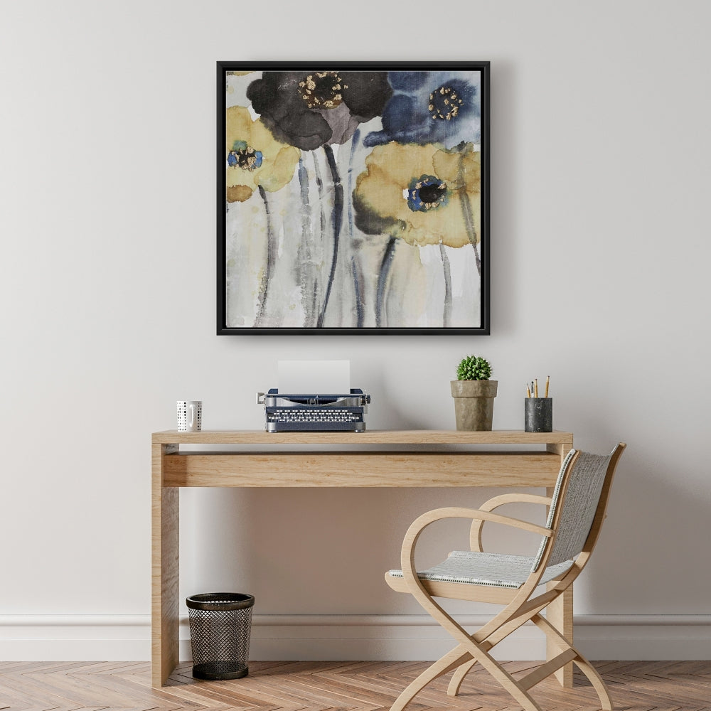 Fleurs grises, bleues et jaunes | Toile encadrée botanique