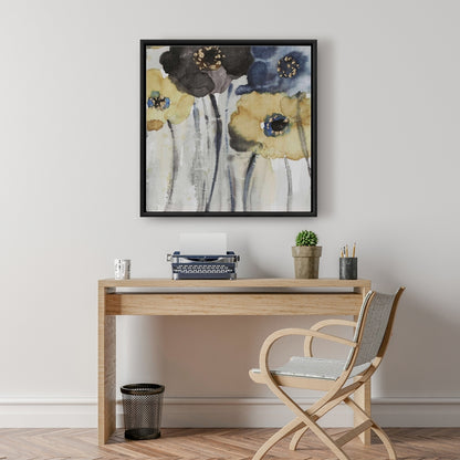 Fleurs grises, bleues et jaunes | Toile encadrée botanique