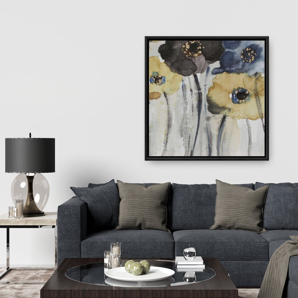 Fleurs grises, bleues et jaunes | Toile encadrée botanique