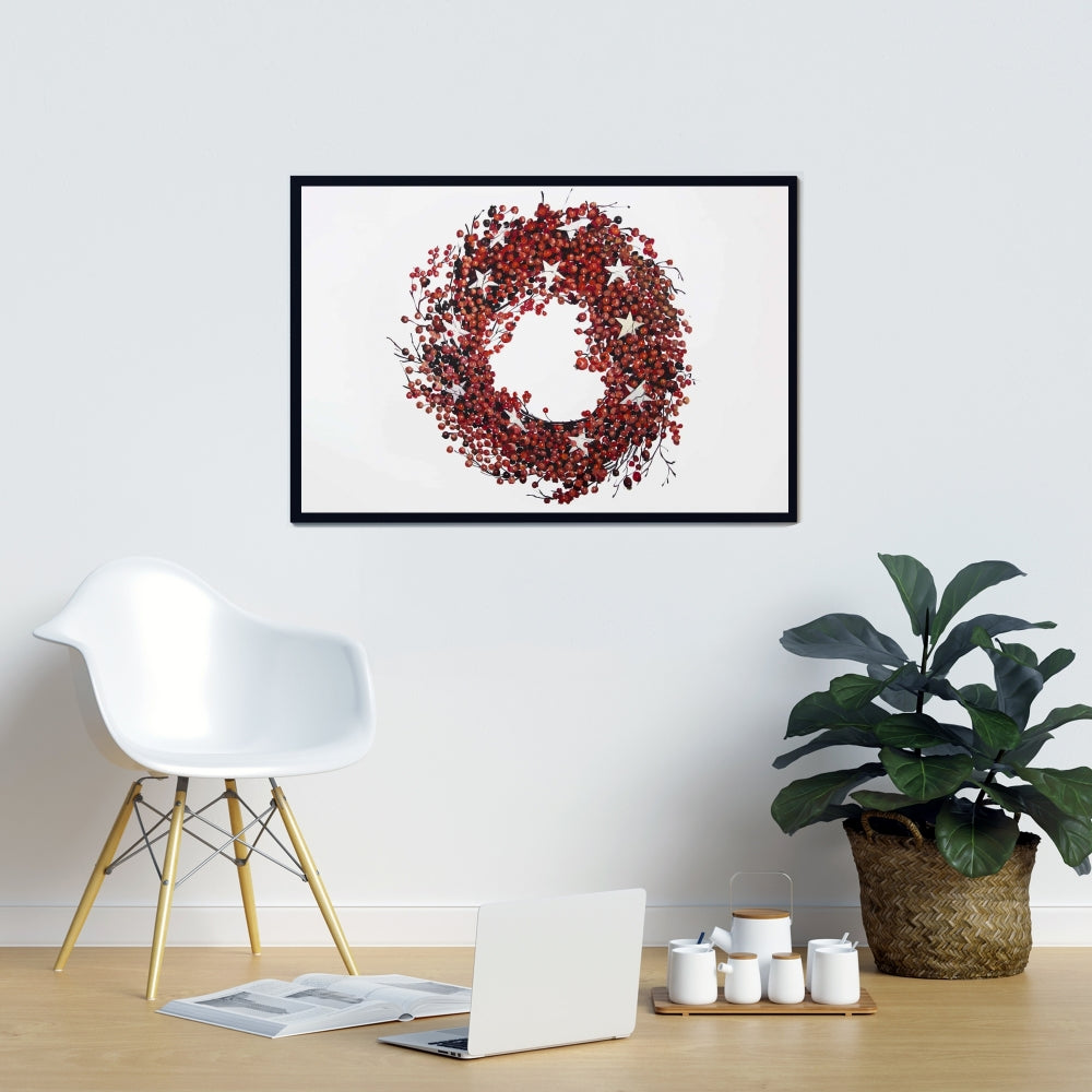Red Berry Wreath Canvas | Botanical Livingroom Decor | Red Frame