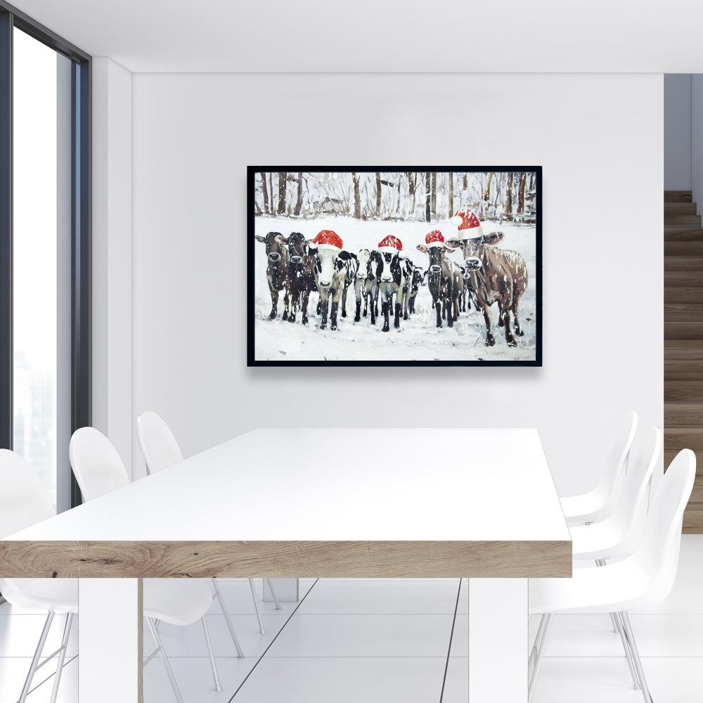 Toile « Vaches curieuses de Noël » | Décoration murale rustique avec animaux de la ferme