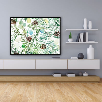 Toile botanique avec pomme de pin | Cadre blanc minimaliste
