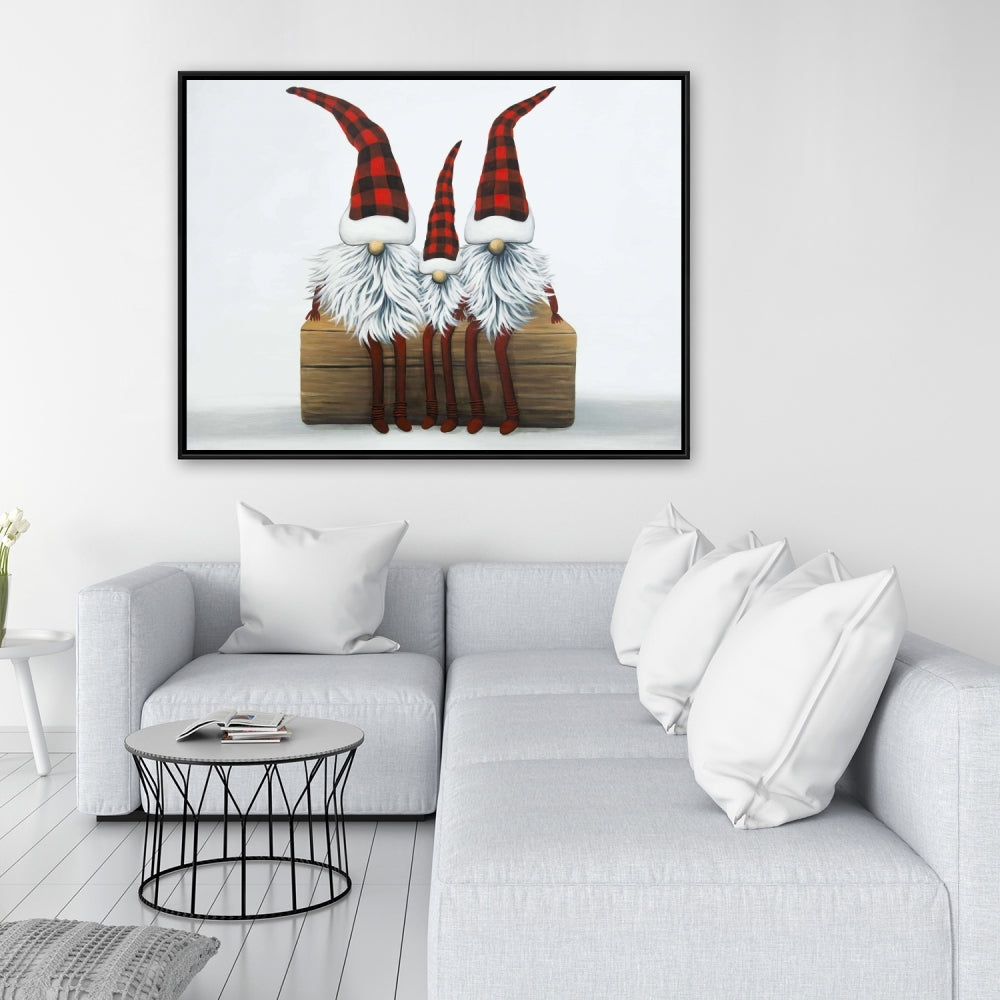 Rustic Pattern Holidays Framed Canvas - Three Christmas Gnomes