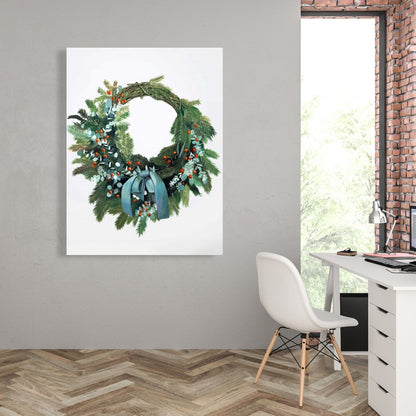 Christmas Wreath Botanical Green Canvas - Holiday Home Decor