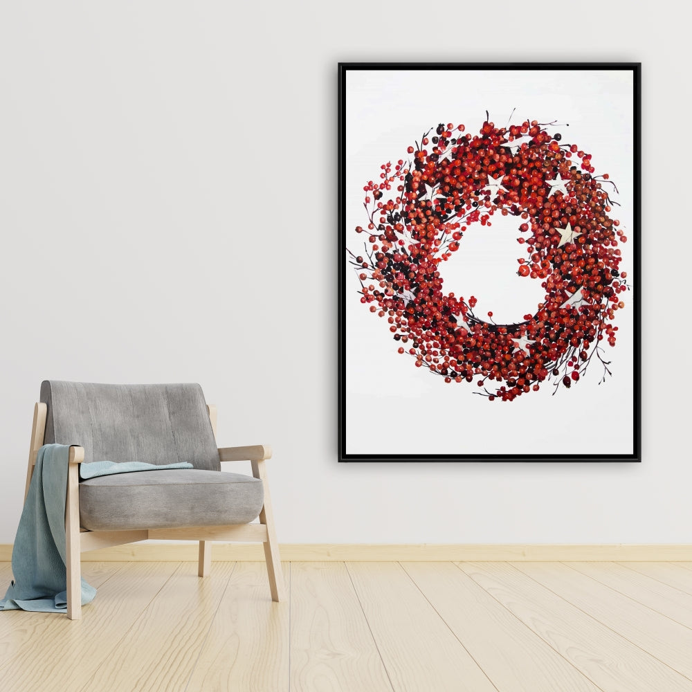 Red Berry Wreath Canvas | Botanical Livingroom Decor | Red Frame