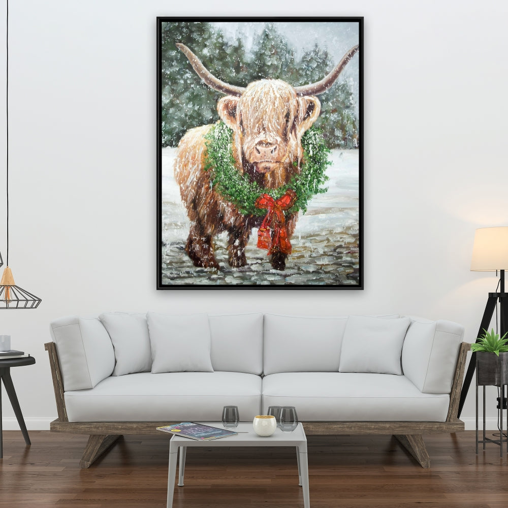 Décoration de cuisine blanche en toile représentant une vache de Noël des Highlands