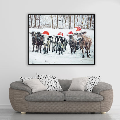 Toile « Vaches curieuses de Noël » | Décoration murale rustique avec animaux de la ferme