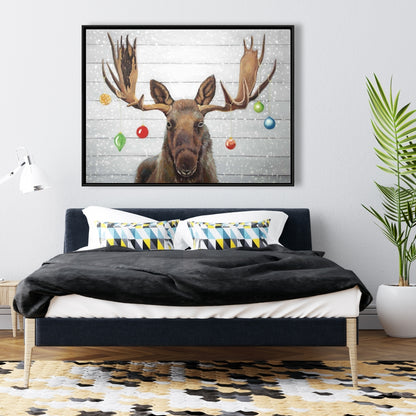 Rustic Moose Christmas Canvas | Brown Frame Home Decor
