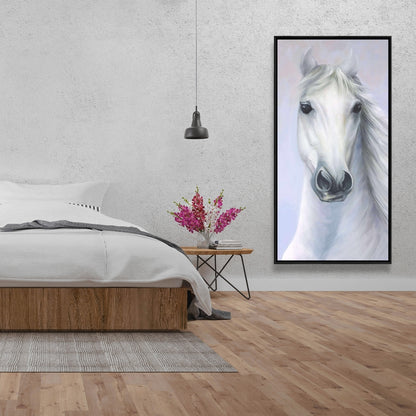 Toile « Puissant cheval blanc » | Décoration d'animaux de la ferme encadrée bleue