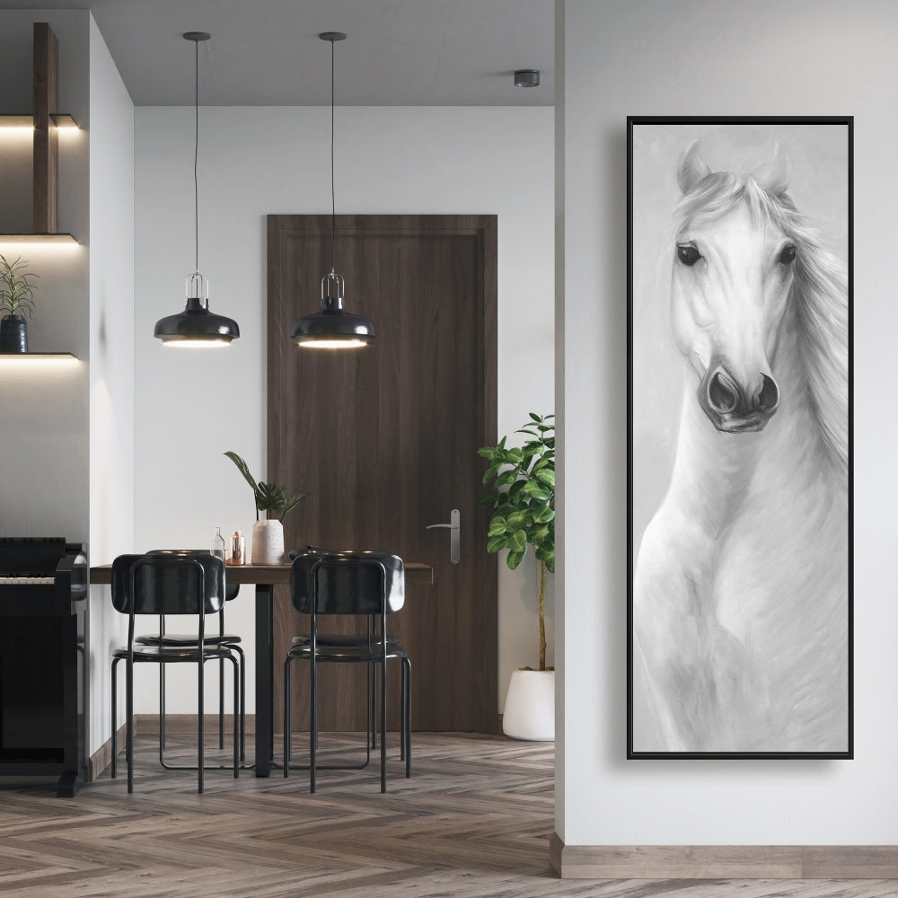 Toile monochrome « Grand cheval blanc » | Décoration d'intérieur avec animaux de la ferme