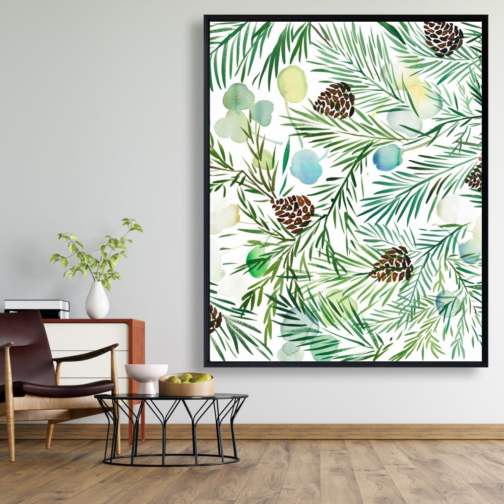 Toile botanique avec pomme de pin | Cadre blanc minimaliste