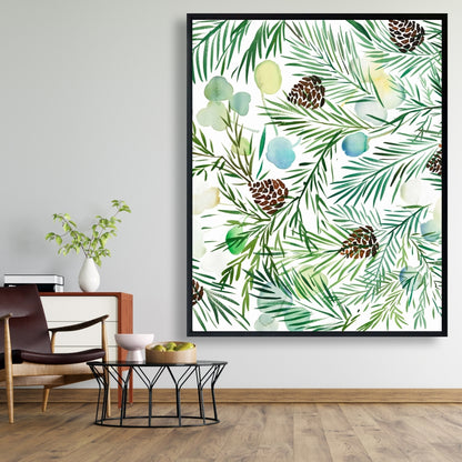 Toile botanique avec pomme de pin | Cadre blanc minimaliste